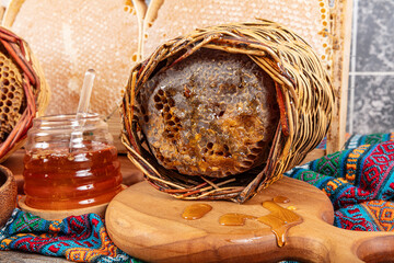 Magical honeycomb close up, Honey harvesting, honey picking. Organic honeycomb (Turkish Karakovan...