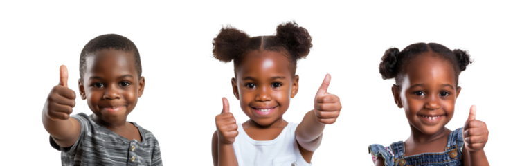 Set of black kids boy and girl giving thumbs up isolated on transparent background, PNG, cutout 