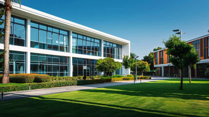 a beautiful, modern school building with large windows, a well-maintained garden, and a clear blue sky