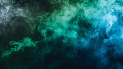 Obraz premium Abstract backdrop Cloud of green and blue smoke on a black isolated background. soft mystery horror design, spooky background texture concept