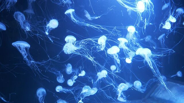 White medusas swims underwater. Beautiful jellyfishes swims in aquarium