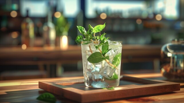 A handmixed gin and tonic garnished with fresh herbs sits on a wooden tray ready to be enjoyed during a relaxing craft cocktail hour.