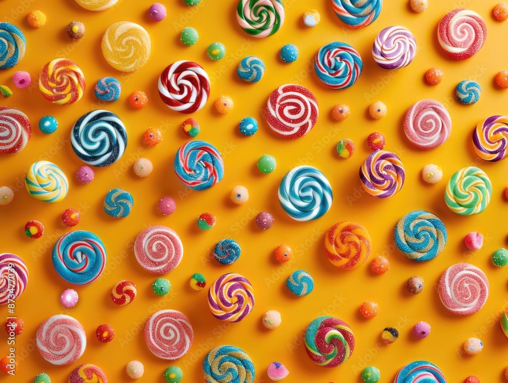 Poster a colorful assortment of lollipops are spread out on a yellow background. the lollipops come in a va