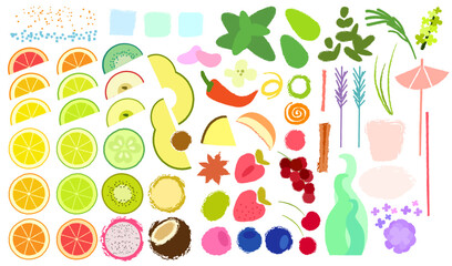 Fruits and berries big set. Vector flat illustration with texture, isolated. Natural tropical fruits for design. Organic, vegetarian food. Healthy nutrition. Set object for making cocktails