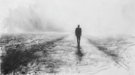 Fototapeta premium Black and white landscape with a solitary figure walking on a foggy path