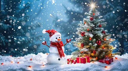 Snowman and Christmas tree Festive greetings for holiday season