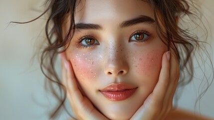 Close-up portrait of young Asian beautiful woman with K-beauty make up style and healthy and perfect skin isolated on beige background for skincare commercial product advertising.	