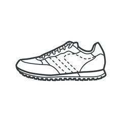 Linear icon of parkour sneakers, featuring good grip and protection for performing tricks. Vector illustration in black and white, line art style.