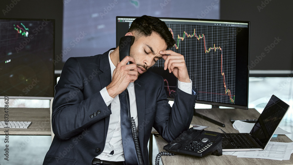 Poster stress, charts and business man with phone call for investment mistake, error or stock market proble