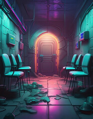 Futuristic interior with dirty old chairs in neon lights 