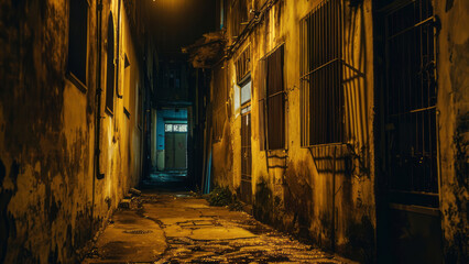 Obraz premium Narrow alleyway with dim lighting and old buildings at night 