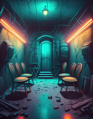 Futuristic interior with dirty old chairs in neon lights 