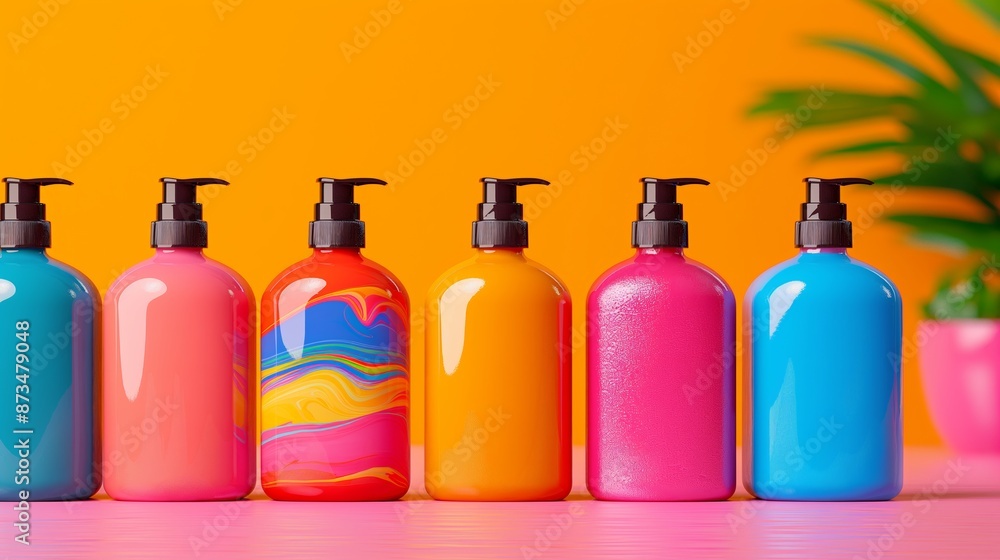 Poster a row of colorful bottles with a blue bottle in the middle. the bottles are lined up on a table