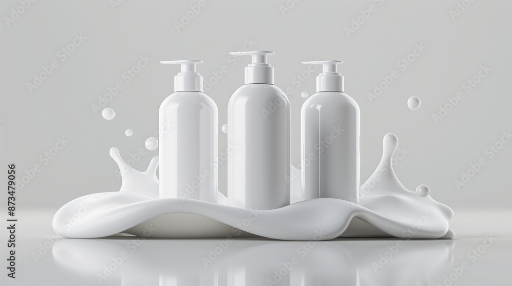 Poster three white bottles of liquid are on a white surface with a splash of white liquid. the bottles are 