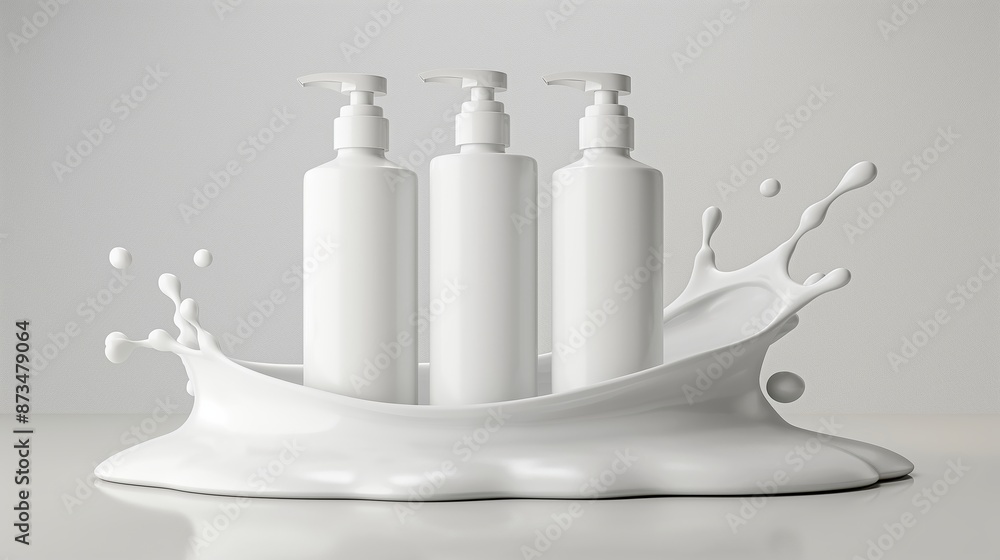 Poster three white bottles of liquid are on a table with a splash of white liquid. the bottles are arranged