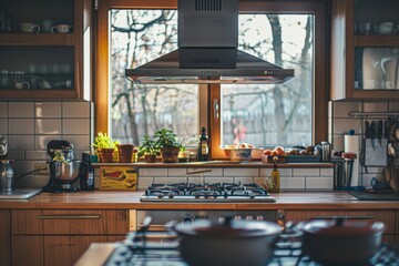 Interior of a modern kitchen. Kitchen hood, gas stove and oven