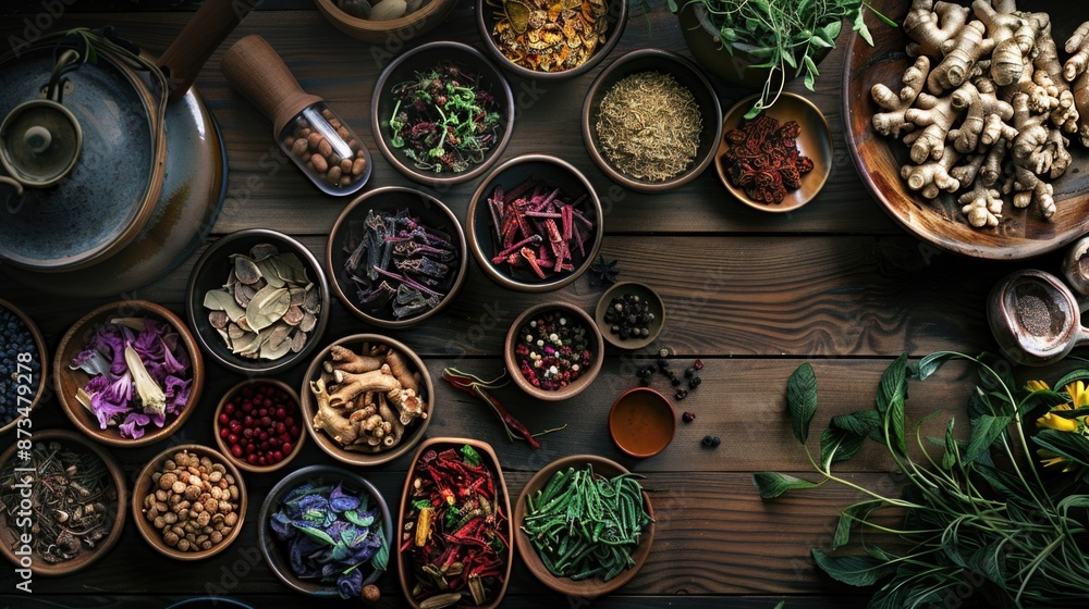 Poster a table with many bowls of different spices and herbs. the spices are arranged in a way that they ar