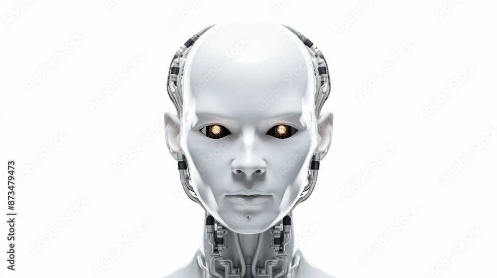 Poster smart android head close up with humanoid features. futuristic robot face concept with white sleek d