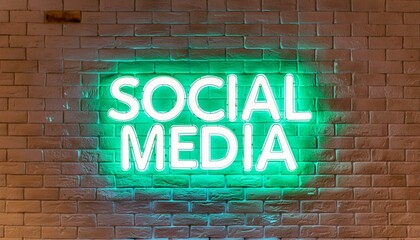 A green neon social media sign on a brick wall glowing 