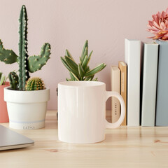 Cozy Workspace with Pink Mug, Succulent Plants, and Books on Wooden Desk Against Pastel Pink Wall