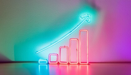 A colorful neon growth bar graph glowing against a white wall