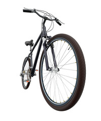 Black bicycle, front side view with wide angle shot of the front wheel. Black leather saddle and handles. Png clipart isolated on transparent background