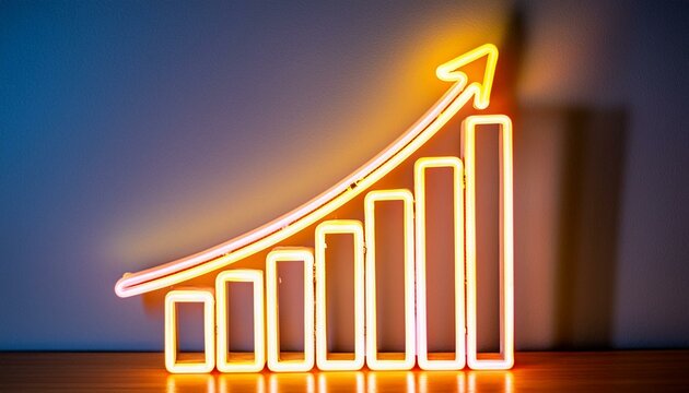 An yellow orange color neon bar graph with growth arrow with a colorful background