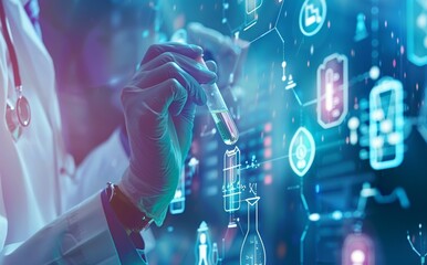 Scientist conducting laboratory research with futuristic graphical overlays