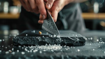 A chefs hand using a sharpening stone to hone the blade of a knife the metal shavings tered around the stone.
