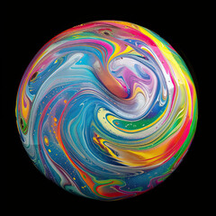 Psychedelic Rainbow of Colors Mixing and Swirling Planet Isolated Against a Black Background: Vibrant Cosmic Sphere, Trippy Multicolor Swirls, Abstract Space Art, Neon Hues, Dynamic Visual Effect, Ene