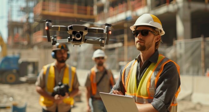 Construction workers using a drone for site inspection at a building site