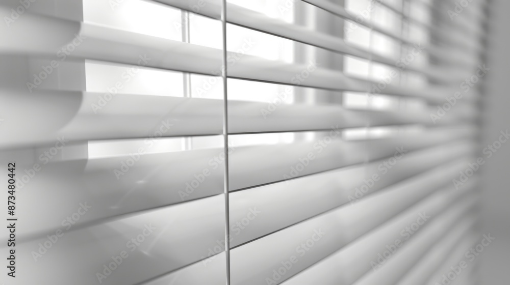 Poster a window with white blinds that are open, allowing light to shine through. the blinds are arranged i
