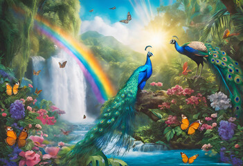 Peacocks in lush gardens with butterflies, rainbow and waterfalls, bokeh effects, nature background