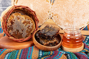 Magical honeycomb close up, Honey harvesting, honey picking. Organic honeycomb (Turkish Karakovan...