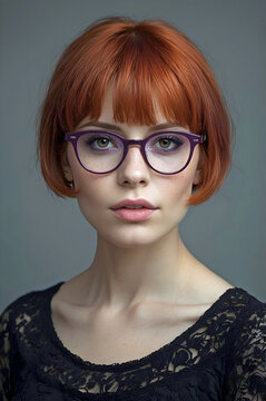 Beautiful Redhead Woman with Glasses Pageboy Bob Cut Hair and Black Blouse