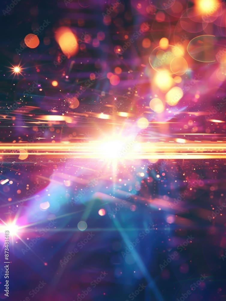 Poster a colorful, blurry image of a bright light with a bunch of stars surrounding it. the light is the ma