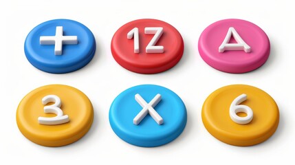 3D set of round buttons featuring mathematical signs: plus, minus, divide, multiply, equal.

