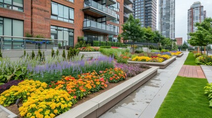 Urban Oasis: Colorful Flowers Bloom in a City Garden
