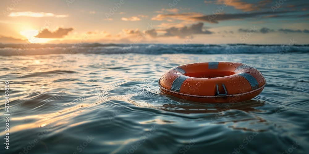 Poster a red life preserver is floating in the ocean. the sun is setting in the background, creating a warm