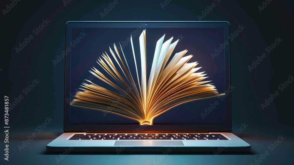 Poster illustration of e-learning technology with a computer notebook showing book pages as its screen.