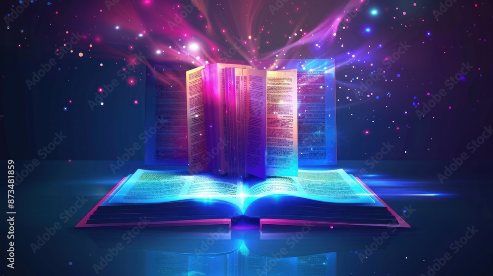 Poster Illustration of e-learning technology with a computer notebook showing book pages as its screen.







