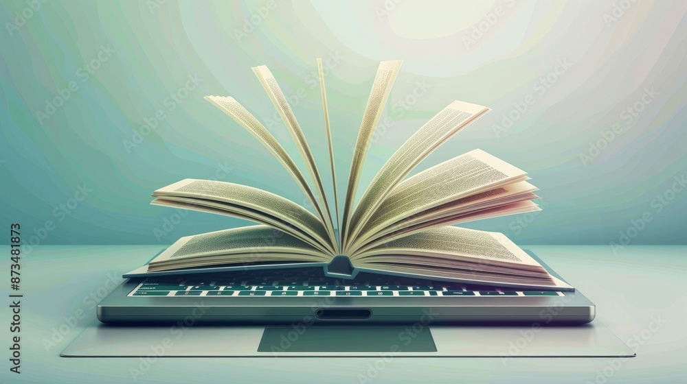 Poster Illustration of e-learning technology with a computer notebook showing book pages as its screen.







