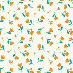 Seamless pattern with small flower branches on a  field. Rustic ditsy print, gentle floral background with hand drawn flowers, leaves on branches. Vector illustration. 