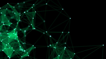 Green abstract background with connection lines, dots and triangles. Technology network connection. Digital structure of particles. 3D rendering.