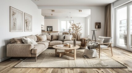 Fototapeta premium Bright and clean home living room interior design concept, living room decorated with nature wooden material simple comfort simplicity decorate element house beautiful design background