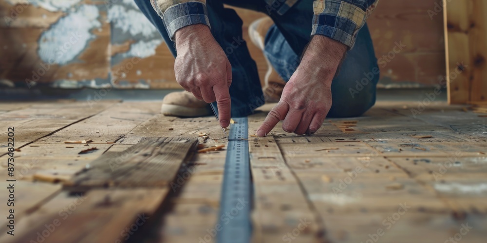 Poster a man is using a tape measure to measure a piece of wood. he is pointing to the number 12 on the tap