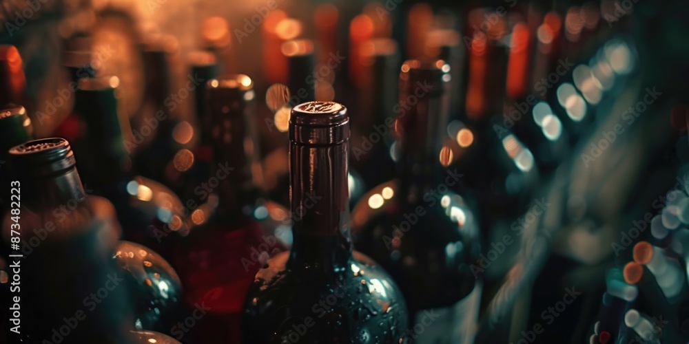 Poster a row of wine bottles with a blurry background. the bottles are of different sizes and colors. conce