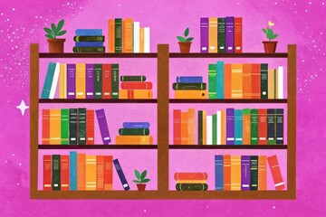A library of knowledge, in an arched wooden bookshelf, filled with colorful volumes, waiting to be opened