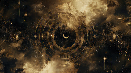 mystical occult design mysterious magic symbols crescent moon inside concentric circles in magical sky with light and clouds witchcraft paganism witch background