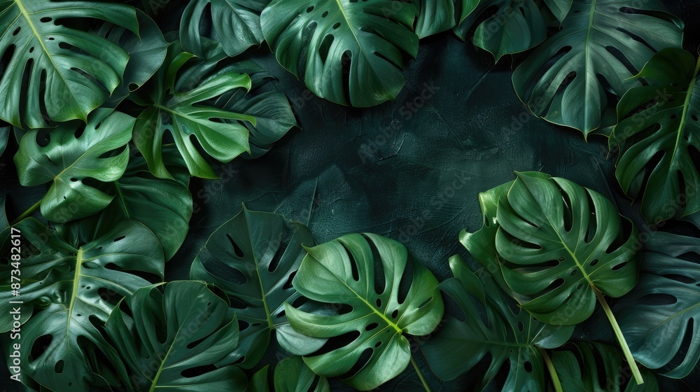 Canvas Prints Monstera leaves arranged artistically on dark background Chic fashion design with botanical flair